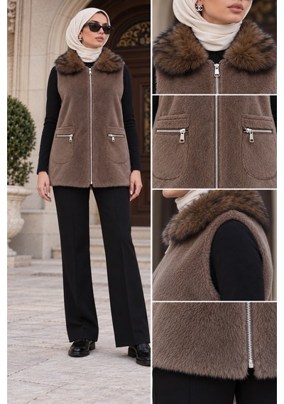 Sevitli Angora Cepli Yelek-kahve-6014