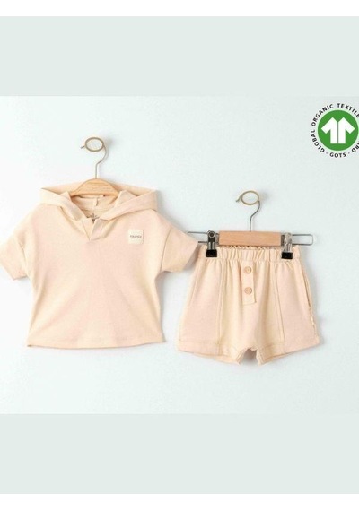 Zekids Bebek Organik Pamuklu Basic Kapüşonlu Tshirt Şortlu Takım-15908 Bej