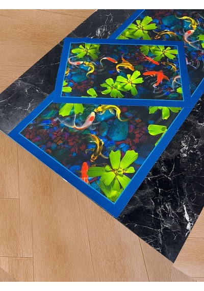 Su Bahçesi 3d Balık Ve Nilüfer Desenli Masa Runner & 4 Lü Supla Takımı Renkli