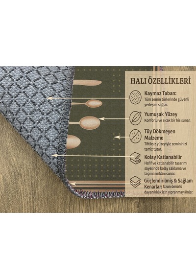 Turkıshrug Kıngdom Yeşil Ve Bej Detaylı Kitchen Yazılı Halı Mutfak İçin Şık Dekor Çok Renkli
