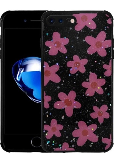 Apple Uyumlu iPhone 7 Plus Kılıf Simli Desenli Kamera Korumalı Parlak Zore Popy Kapak Çiçek