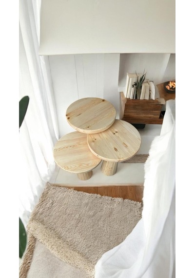 3 Lü Set Wood Wooden Minimalist Mantar Yan Sehpa Ahşap Modern Natural Ahşap