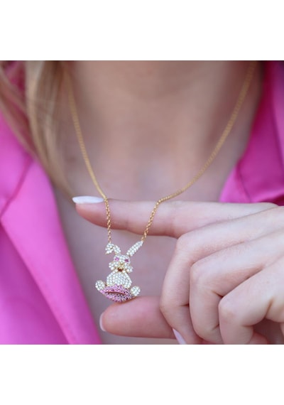 Zirkon Taşlı Gold Kaplama Asansörlü Bunny Gümüş Kolye Gümüş