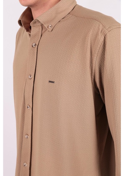Twın Lıon Twin Lıon 408 Slimfit Örme Armürlü Düz Gömlek Bej