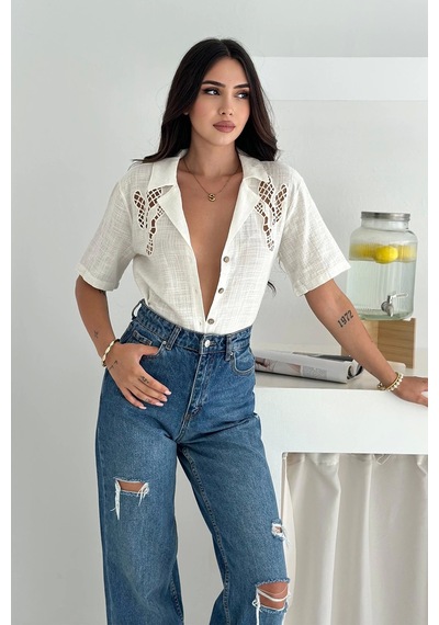 Asprin Fashion Omzu Dantel Detaylı Gömlek Beyaz