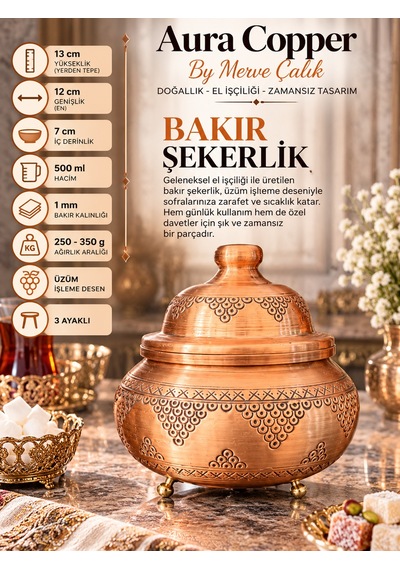 Aura Copper Kapaklı Bakır Şekerlik 3 Ayaklı El İşlemeli Lokumluk Bakır Renk-üzüm