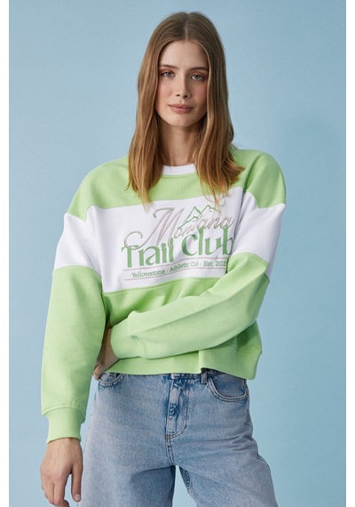 ETHIQUET Ethıquet Payne Kadın Bisiklet Yaka Oversize Beyaz / Fıstık Yeşili Sweatshirt Yeşil - Beyaz
