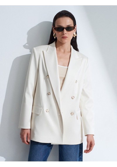 Dilvin 60802 Kruvaze Saten Blazer Ceket-ekru