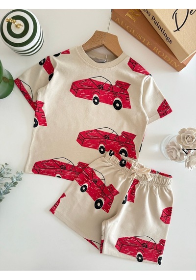 Magu Erkek Çocuk Pamuklu Kırmızı Araba Baskılı T-shirt Şort Takım Bej