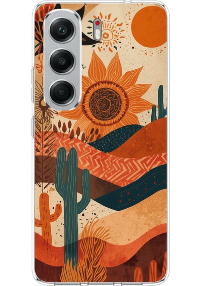 Tecno Camon 40 Uyumlu Etnik Güneş Ve Mandala Figürlü Toprak Tonları Baskılı Silikon Kılıf Renkli