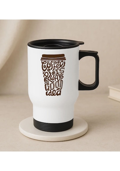 Bk Gift Coffee Tasarımlı Kulplu Beyaz Çelik Bardak Termos Mug 450ml-4, Sevgiliye Hediye, Arkadaşa Hediye, Eşe Hediye