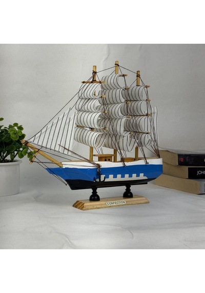 Ahşap El Yapımı Yelkenli Model Biblo, Dekoratif Masaüstü Gemi Maketi, Ev Ofis Dekoru, 24 Cm