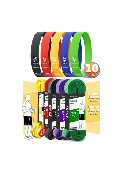 10lu Tera Set 5+15+25+35+45 Kg + 5li Pilates Direnç Bandı Barfiks Lastiği Loop Band Mix Ton Çok Renkli