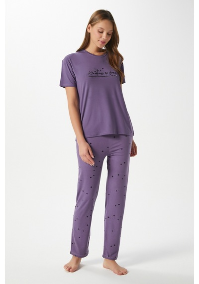 Ritnice Kadın Kindness Yumuşak Doku Mürdüm Yıldız Desen Bisiklet Yaka Kısa Kollu Alt Üst Pijama Takımı