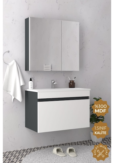 Teta Home Mersin 65 Cm Mdf Banyo Dolabı Seti Antrasit - Beyaz Teta Home Mersin 65 Cm Mdf Banyo Dolabı Seti Antrasit - Beyaz