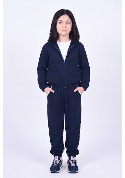 Panios Kids Kız Çocuk Dik Yaka Fermuarlı Beli Bağcıklı Lastik Paça Eşofman Takımı Lacivert