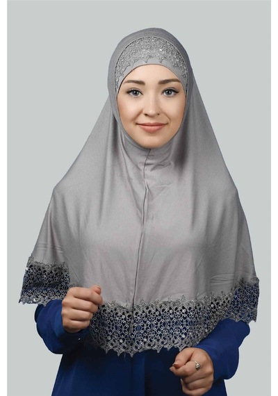 Altobeh İkili Set Dantelli Pratik Eşarp Hazır Hijab Ve Tesettür Bonesi Xl Gri