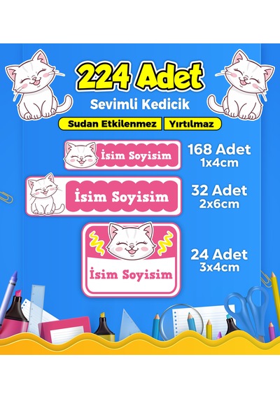 Sevimli Kedi Temalı Okul Kreş Kişiye Özel İsim Etiket Seti - Model 356 Çok Renkli