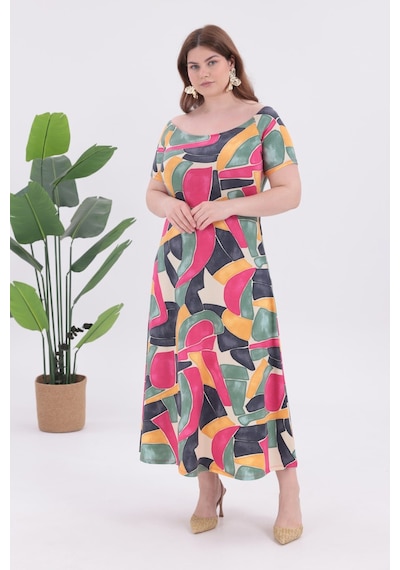 Madwilo Kadın Pembe Gri Geometrik Desen Kayık Yaka Kısa Kol Büyük Beden Esnek Maxi Elbise