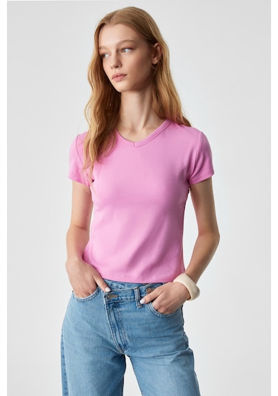 Ethıquet Masroutı Kadın Slim Kısa V Yaka Kısa Kol Pembe T-shirt