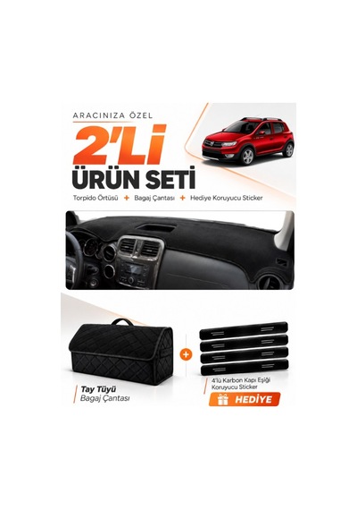 E-biz Dacıa Sandero Stepway 2015-2021 Uyumlu Torpido Örtüsü + Tay Tüyü Çanta - Siyah - Da004