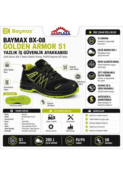 Tr Bx-08 Golden Armor S1 Yazlık İş Güvenlik Ayakkabısı, Çelik Burun 200 J, Nefes Alabilir Kumaş, Çift Yoğunluk Altın