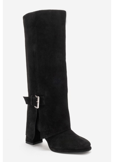Luvishoes Lojo Siyah Süet Hakiki Deri Tokalı Kadın Kalın Topuklu Çizme Siyah Süet