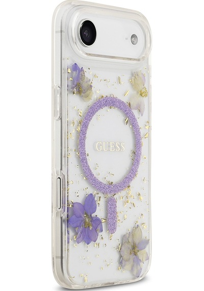 Apple Uyumlu iPhone 17 Air  Kılıf Guess Lisanslı M-safe Şarj Özellikli Transparan Resin Flowers Kapak Mor Mor