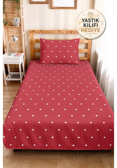 Puantiyeli Kırmızı Genç Odası Tek Kişilik Pike Takımı - Geometrik 160x220 Cm Kapitone Yatak Örtüsü Çok Renkli