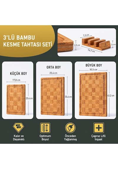 Valkyrie Daisy 3 Lü Bambu Kesme Tahtası Seti Büyük Orta Küçük Boy Et Sebze Sunum & Servis Tahtası Ahşap