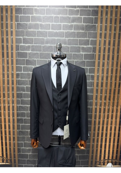 Dupont Classics Erkek Slim Fit 6 Drop Sivri Yaka Yelekli Poliviskon Çift Yırtmaç Takım Elbise Siyah