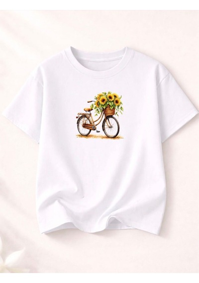 Bisiklet Ve Ayçiçeği Baskılı Kompak T-shirt Beyaz