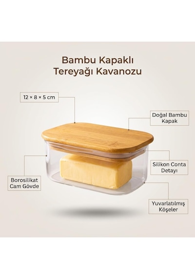 Bambu Kapaklı Borosilikat Cam Tereyağı Kavanozu 12 8 5 Cm, Dikdörtgen Şeffaf Tereyağlık, Contalı Kapak, Kahvaltılık Saklama Ve Sunum Kabı, 1 Adet