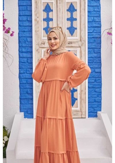 Neways 6510-linda Büzgülü Elbise Somon Somon