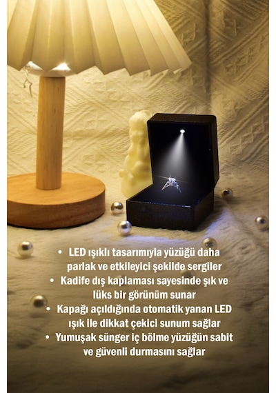 Işıklı Kadife Yüzük Kutusu LED Takı Sunum Kutusu Hediye Evlilik Yıldönümü, Sevgililer Günü 8 cm