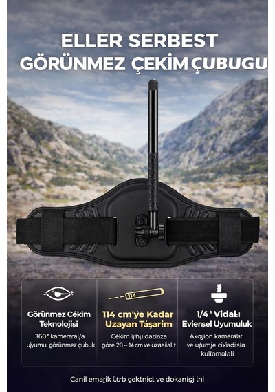Ayrex Aksiyon Kamera Bel Kemeri Ve 150cm Görünmez Selfie Çubuğu Alüminyum, Extreme Sporlar,bisiklet,gezi,vlog, 1/4 Genel
