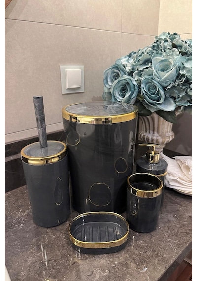 Makri Home Banyo Seti 5'li,akrilik-çöpkovası,wc Fırçalık,sıvı Sabunluk,diş Fırçalık,el Sabunluk,gold Renk Detay Gri