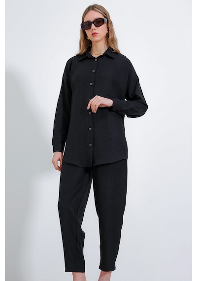 Bigdart Kadın Siyah Oversize Keten Alt Üst Takım 6622 6622bgd19-001-14413 001