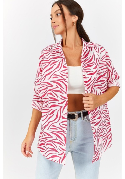 Armonika Kadın Fuşya Zebra Desen Oversize Uzun Basic Gömlek Arm-22y001145
