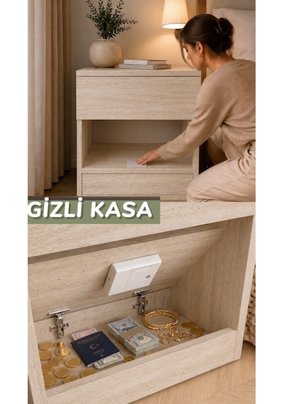 Gizli Komodin - Kasalı Komodin - Gizli Bölmeli Komodin - Akıllı Kasa - Komodin- Gizli Çekmece Komdin- Gizli Kasa Komodin- Kartlı Komodin Traverten