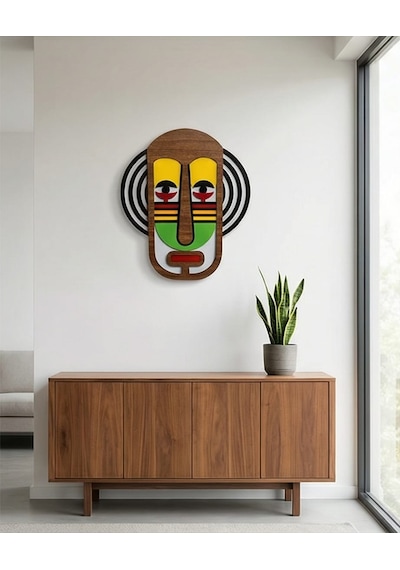 El Yapımı Renkli Soyut Yüz Maske - Ahşap Duvar Dekoru, Sarı Gözlü Modern Tribal Sanat Paneli Mdf 1