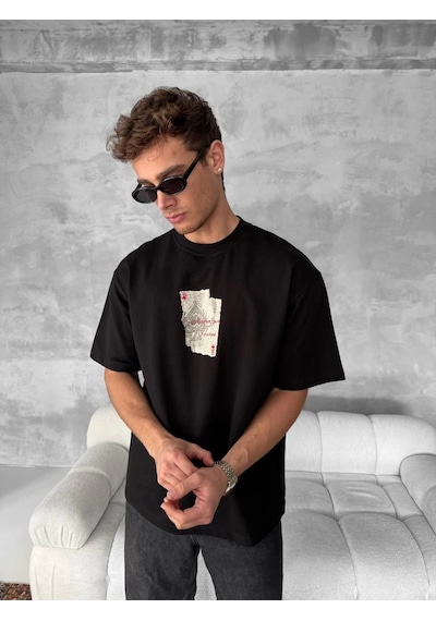 Barlashive Erkek Tişört Kısa Kol Ön Ve Arka Baskılı Oversize Bisiklet Yaka T-shirt - Siyah Çok Renkli