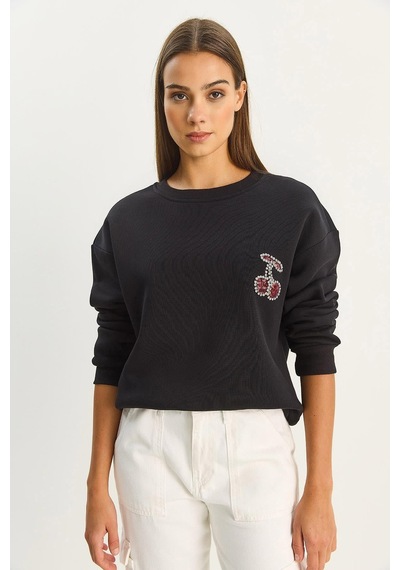 Shade Kadın Bisiklet Yaka Kiraz Taş İşlemeli Üç İplik Şardonlu Sweatshirt 60601047 - Siyah