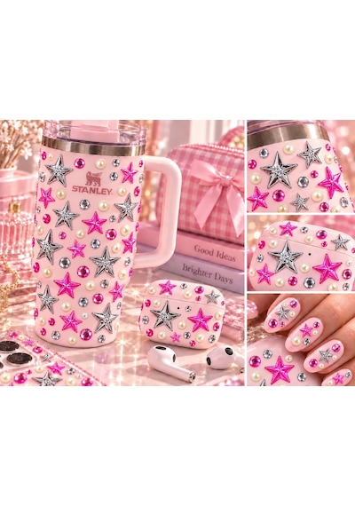 Pembe Gümüş Taş & Yıldız İncili Rhinestone Sticker Yapışkanlı Yüz, Tırnak, Vücut Ve Süs Taşı Çok Renkli
