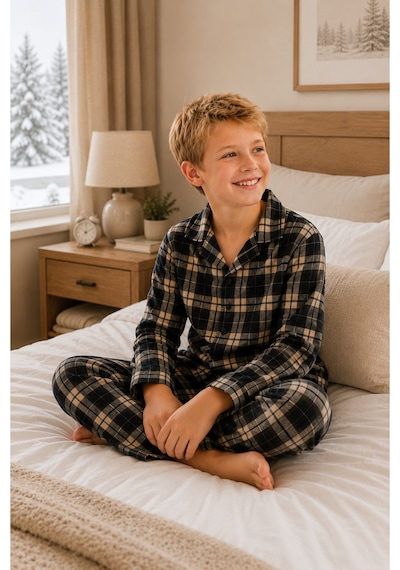 Free Beka Ekose Desenli Uzun Kollu Gömlek Yaka Düğmeli Erkek Çocuk Pijama Takımı Bej