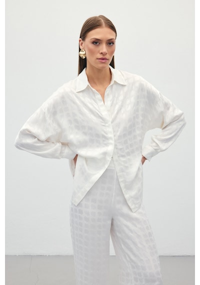 Sateen Jakarlı Saten Gömlek - Ekru-136231 Ekru