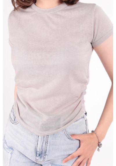 Busem S0016230 Kadın Flamlı İnce T-shirt Gri