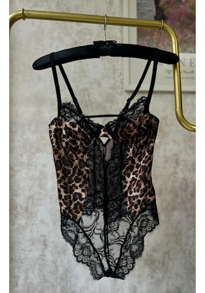 Leopar Tül Dantel Tanga Bodysuit Ve Leopar Dantel Detaylı Sütyen Takımı