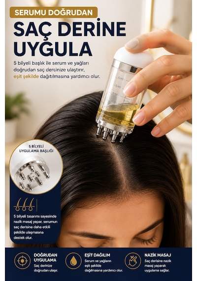 Saç Derisi Masaj Aleti 6 Ml Serum Yağ Uygulama Aplikatörü 5 Bilyeli Ölçekli Bakım Ve Uygulama Aparat Beyaz