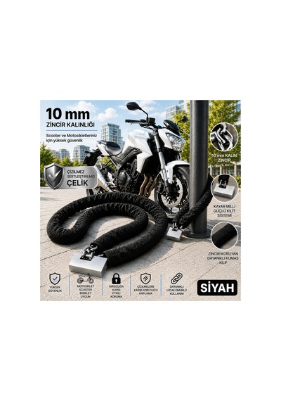 10 Mm 3 Metre Kesilmez Motosiklet Zinciri Motor Kilidi Scooter Güvenlik Kilidi Siyah